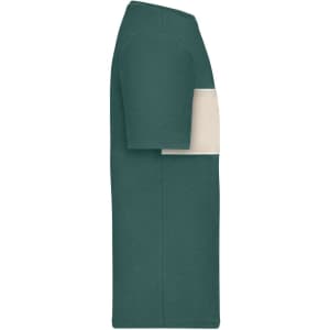A green colour-block T-shirt with a beige section on the front, featuring a side view. Includes a logo.
