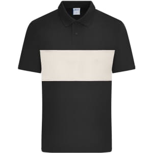 A black polo shirt featuring a white colour-block stripe across the chest. It has a branded label.