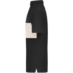 A black and white colour-block polo shirt featuring short sleeves and a collar. The shirt has a branding logo.