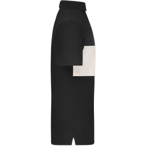 A black polo shirt featuring a cream colour-block design, shown from the side with a collar and short sleeves.