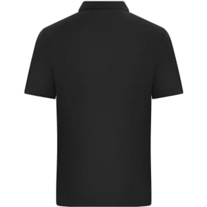 A black polo shirt with a classic design and a collar. It features short sleeves and a plain back.