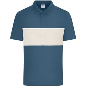 A blue and cream colour-block polo shirt featuring a collar and a logo. Suitable for casual wear.