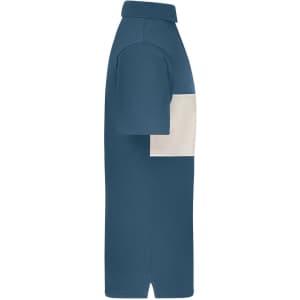 A side view of a polo shirt featuring a colour-block design in blue and cream, with a logo on the chest.