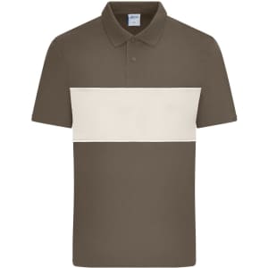 A brown polo shirt featuring a horizontal cream colour block and a collar. It has a logo on the chest.