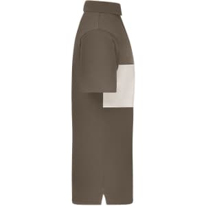 A colour-block polo shirt in olive green with a cream section on the front, featuring a collar and short sleeves.