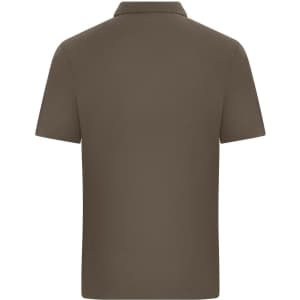 A brown polo shirt with a classic collar and short sleeves, featuring a logo on the back.