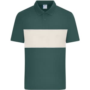 A green polo shirt featuring a cream colour block across the chest, with a classic collar and short sleeves.