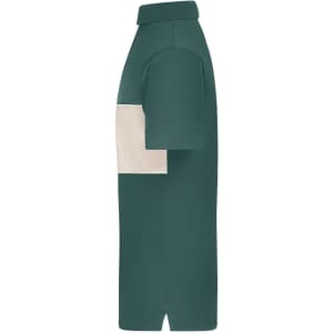 A green and cream colour-block polo shirt featuring a collar and short sleeves. It has a logo on the chest.