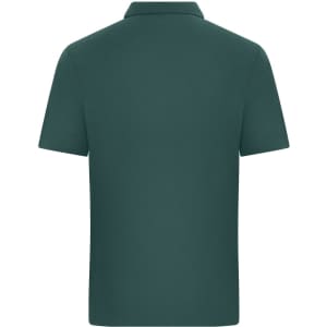 A polo shirt in a deep green colour, featuring a plain design and a collar. It has branding on the back.