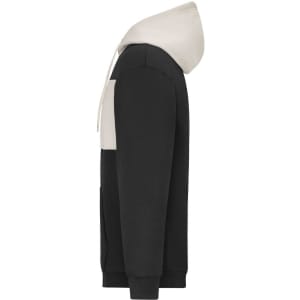 A colour-blocked hoodie featuring a grey hood and a black body, with a front pocket and a logo.