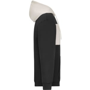 A colour-blocked hoodie featuring a black body and a light beige hood, with a front pocket and a logo.