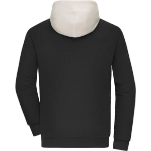 A colour-block hoodie featuring a black body and a light grey hood, with a logo on the back.