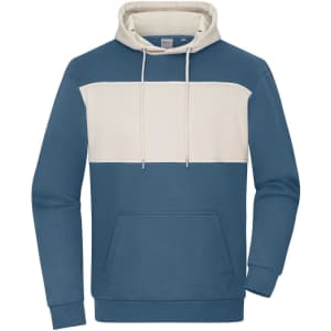 A colour-blocked hoodie featuring a blue body and a cream stripe across the chest. It includes a front pocket and a logo.