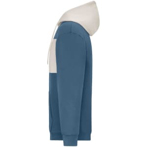 A colour-block sweat hoodie featuring a blue body and a light beige hood, with a front pocket and a logo.