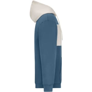 A colour-block hoodie in blue and cream, featuring a kangaroo pocket and a hood, with a logo on it.