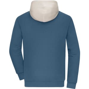 A colour-block hoodie in blue with a beige hood, featuring long sleeves and a logo.