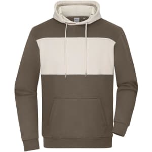 A colour-block sweat hoodie in brown and cream, featuring a front pocket and a drawstring hood. It has a logo.