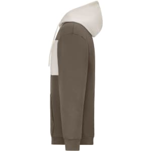 A colour-block sweatshirt hoodie in brown and cream, featuring a kangaroo pocket and a drawstring hood.