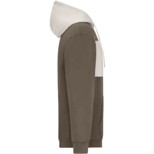 A colour-block hoodie in brown and cream, featuring a hood and a front pocket. Includes logo detailing.