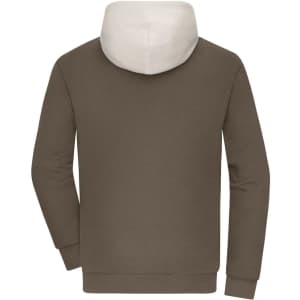 A colour-block hoodie in brown and cream, featuring a hood and long sleeves. The back view showcases a simple design.