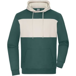 A colour-block hoodie in dark green with a cream panel, featuring a front pocket and drawstring hood.