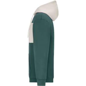 A colour-block sweat hoodie in green and cream, featuring a hood and a front pouch pocket. It has a branding logo.