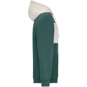 A colour-block hoodie in deep green with a light beige hood. Features long sleeves and a logo.