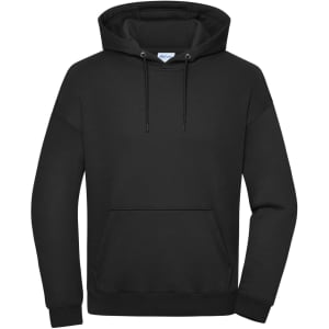 A black oversized unisex sweat hoody featuring a spacious front pocket and a drawstring hood. It has a logo.