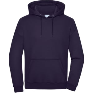 A navy oversized unisex sweat hoody featuring a front pocket and a drawstring hood. It includes a logo.