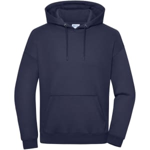 An oversized unisex sweat hoody in navy, featuring a front pocket and a drawstring hood, with a logo.