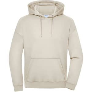 An oversized unisex hoody in a light beige colour, featuring a front pocket and drawstring hood.
