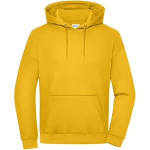 An oversized unisex hoody in bright yellow with a front pocket and drawstring hood. It has a logo on the label.