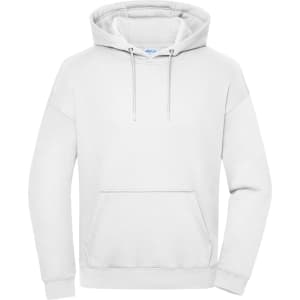 An oversized unisex sweat hoody in white, featuring a front pocket and a hood. It has a logo.