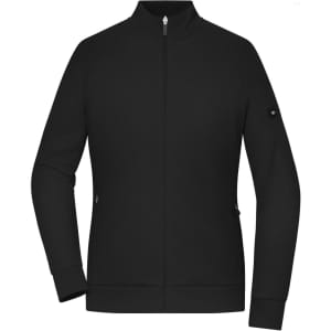 A black zip jacket in interlock fabric with side pockets and a logo on one sleeve.