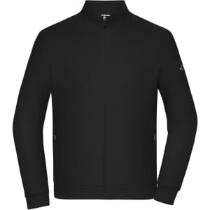 A black zip jacket with a high collar and side pockets, featuring a small logo on one sleeve.