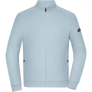 A light blue zip jacket with a high collar and front pockets, featuring a logo on the sleeve.