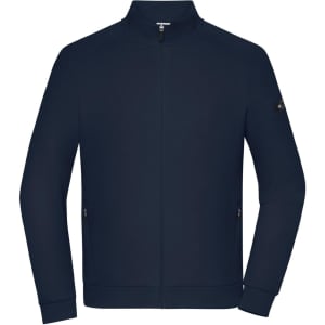 A navy zip jacket with a high collar and zippered pockets, featuring a small logo on the sleeve.