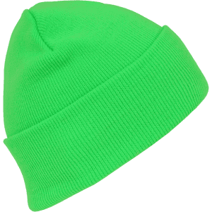 A neon green long acrylic beanie with a ribbed texture and a folded cuff, featuring a logo.