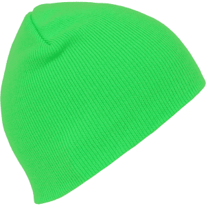 A neon green acrylic short beanie displayed at an angle, showcasing its ribbed texture and vibrant colour.