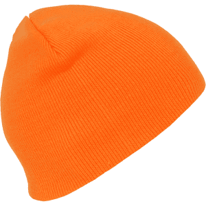 A short neon acrylic beanie in bright orange, featuring a simple design and a snug fit.