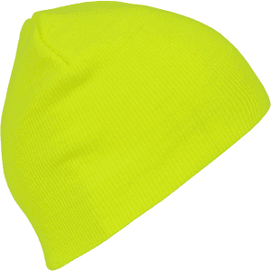 A neon yellow acrylic beanie with a soft texture and a snug-fitting design. It has a logo on the side.