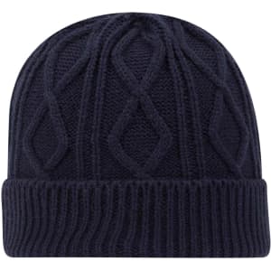 A cable knit beanie in dark navy, featuring a textured pattern and a ribbed cuff. It has a branding logo.