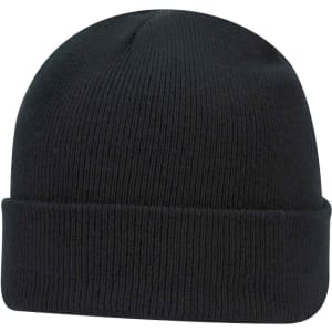 A black beanie with a ribbed texture and rolled cuff, featuring a logo.