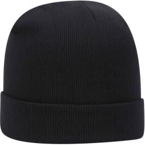 A black beanie with a ribbed texture and a folded cuff, featuring a logo.
