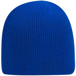 A blue beanie with a ribbed texture, featuring a logo on the side.