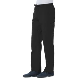 Full elastic cargo pants in black with multiple pockets, featuring a drawstring waist and a logo on the side.