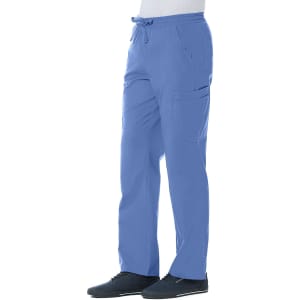 Blue full elastic cargo pants with multiple pockets, designed for men's wear, featuring a relaxed fit.