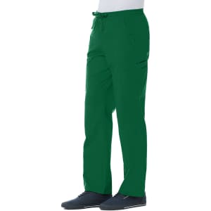 Green men's full elastic cargo pants with multiple pockets and a drawstring waistband. Features a branding logo.