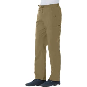 Full elastic cargo pants in khaki, featuring multiple pockets, an adjustable drawstring waistband, and a relaxed fit.