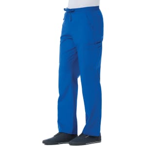 A pair of blue cargo pants with a full elastic waistband, featuring pockets. The pants are worn with black shoes.